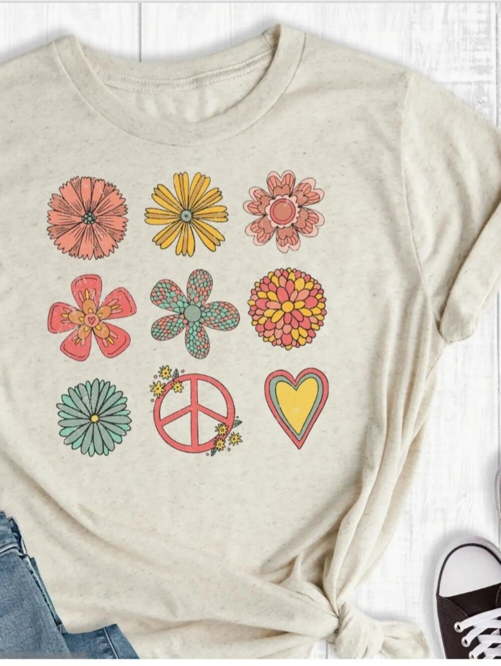 Rebel Rose Retro Flowers Cream Boho Graphic Tee S M 2XL 3XL